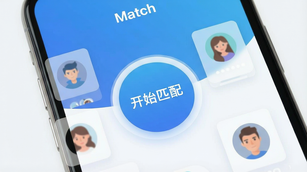 一张智能手机屏幕特写,屏幕中显示“Match”应用主界面,界面风格现代扁平,以蓝白渐变为主色调,中央有一个大大的圆形匹配按钮,按钮上写着“开始匹配”,周围环绕着几个半透明的用户头像卡片,整体布局简洁清晰,画质干净无多余元素。