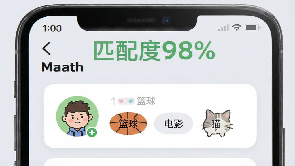 一张手机界面截图,屏幕显示“Match”的匹配结果页面,顶部有“匹配度98%”的绿色大字,下面并列展示两个用户的卡通头像和共同兴趣标签,如“篮球”、“电影”、“猫”,背景是柔和的浅灰色,界面采用卡片式布局,排版整齐,画质干净无多余元素。
