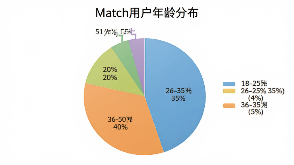 一张饼状图,标题为“Match用户年龄分布”,图表显示18-25岁占35%,26-35岁占40%,36-50岁占20%,51岁以上占5%,配色清新,图例清晰,背景为白色,画质干净无多余元素。