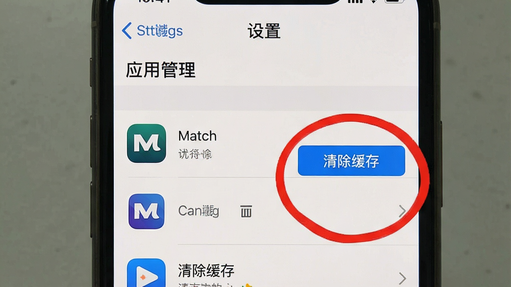 一张手机操作示意图,屏幕显示“设置”页面中的“应用管理”,在应用列表中找到“Match”图标,点击进入后显示“清除缓存”按钮,旁边用红色圆圈标注,图片风格为教学截图风格,标注清晰,画质干净无多余元素。