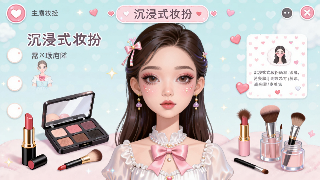 一幅充满少女心的精美插画,主体是“沉浸式妆扮”的游戏主界面,一个精致的虚拟模特正在展示妆容,界面布局简洁清爽,排版错落有致,风格清新梦幻,细节包括口红、眼影盘等化妆工具,画质高清干净,无多余元素。