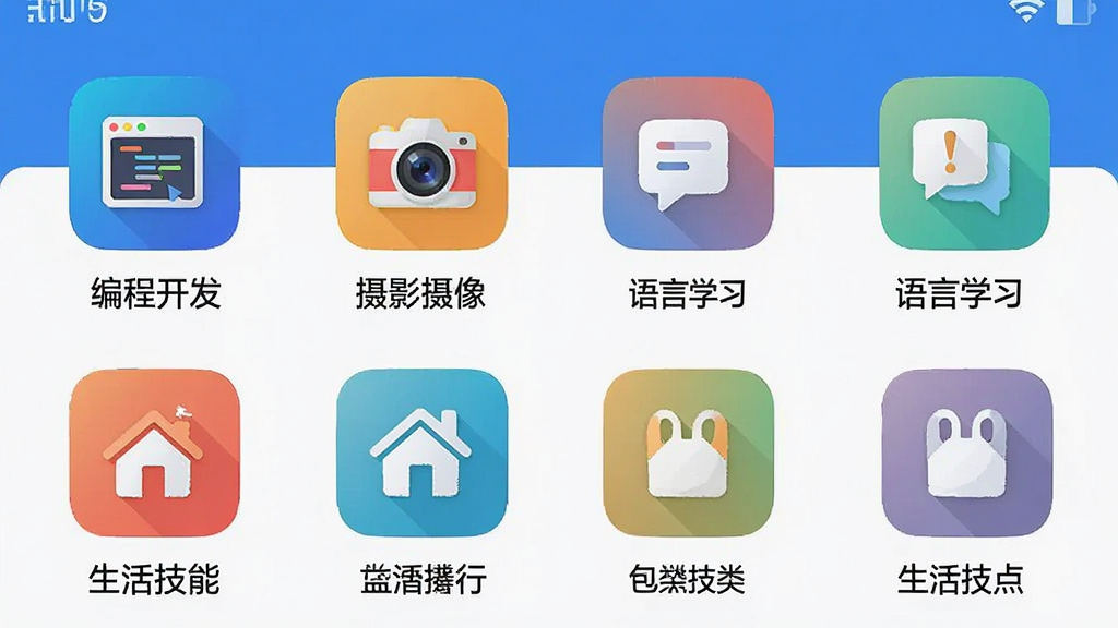 一张科途通App的课程分类页面截图,屏幕中展示多个课程分类图标,如“编程开发”、“摄影摄像”、“语言学习”、“生活技能”等,每个图标色彩鲜明,排列整齐。界面设计简洁,蓝白配色,画质干净,无多余元素。