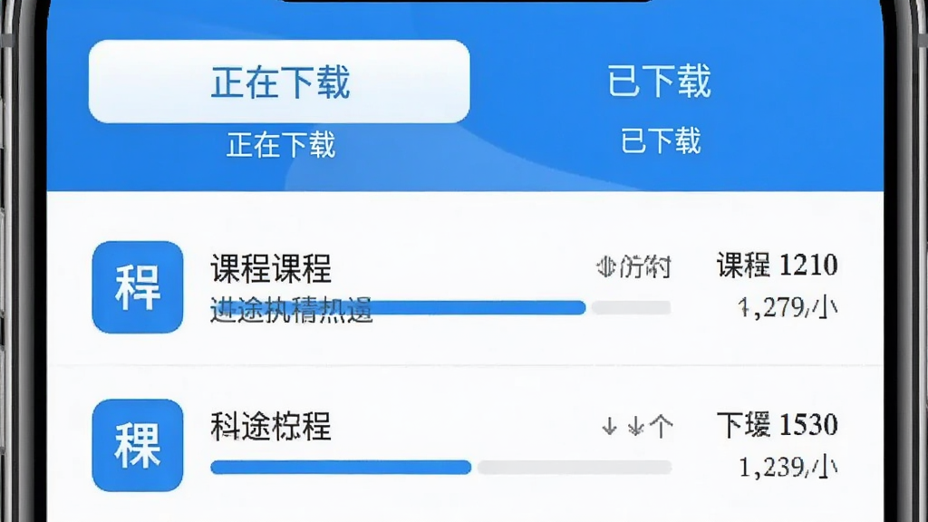 科途通App的下载管理页面,屏幕中显示一个下载列表,包含课程名称、下载进度和已缓存大小。顶部有“正在下载”和“已下载”两个选项卡,界面清晰,蓝白配色,画质干净。