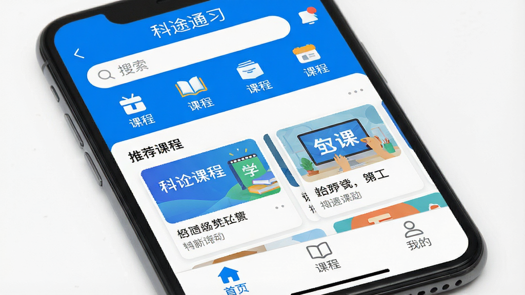 一张智能手机屏幕特写,屏幕中显示一款名为“科途通”的学习类App主界面,界面布局清晰,以蓝白为主色调,顶部有搜索栏和课程分类图标,中间是推荐课程卡片列表,底部是“首页”、“课程”、“我的”三个选项卡。整体风格扁平化,色彩明快,画质高清,干净无多余元素。
