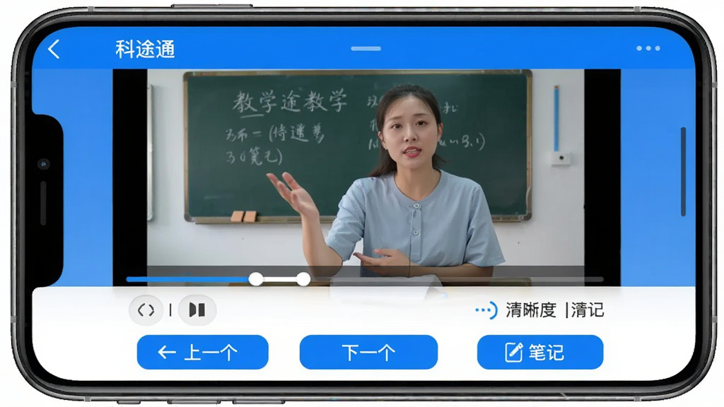 科途通App的视频播放界面,屏幕中正在播放一段教学视频,画面清晰,下方有进度条、倍速调节按钮和清晰度选项。界面底部有“上一个”、“下一个”和“笔记”按钮,整体风格简洁,蓝白配色,画质高清。