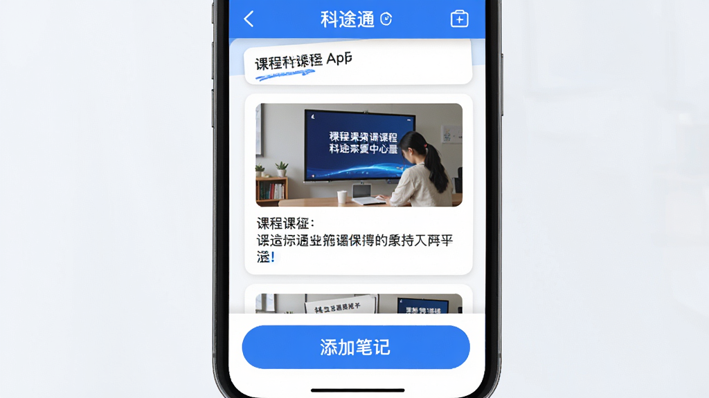 科途通App的笔记功能界面,屏幕中显示一条条笔记卡片,包含课程截图和文字内容。底部有一个醒目的“添加笔记”按钮,界面简洁,蓝白配色,画质高清。