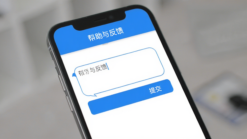 科途通App的帮助与反馈界面,屏幕中显示一个聊天式反馈页面,顶部有“帮助与反馈”标题,下方有输入框和“提交”按钮。界面简洁,蓝白配色,画质干净。