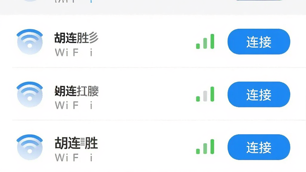 �ֻ�Ӧ�ý�ͼ���ͼƬ��չʾ������ʤ����WiFiɨ�����б���ÿ��WiFi��Ŀ�Ҳ���ʾ�ź�ǿ��ͼ��͡����ӡ���ť������Ϊ��ɫ���б��������Ű����룬����ִ������ʸɾ����޶���Ԫ�ء�