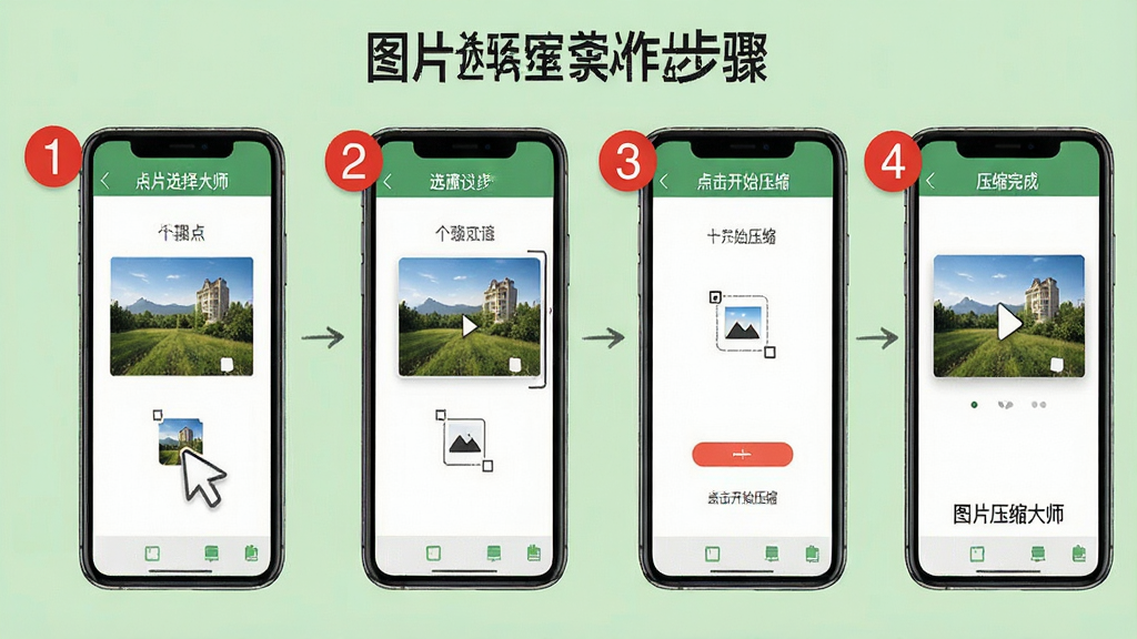 一张展示图片压缩大师操作步骤的教程图,主体是手机屏幕分步骤演示,步骤1为点击选择图片,步骤2为勾选图片,步骤3为点击开始压缩,步骤4为压缩完成,每个步骤用红色数字标注,界面风格简洁实用,背景为浅绿色,屏幕上有“图片压缩大师”字样,画质干净无多余元素