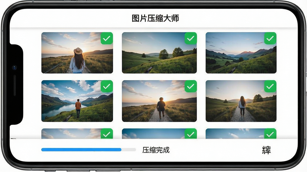 一张展示图片压缩大师批量处理功能的界面截图,主体是手机屏幕显示多张图片列表,每张图片右上角有绿色对勾表示压缩完成,底部有进度条和“压缩完成”提示,界面简洁明快,背景为纯白色,屏幕顶部有“图片压缩大师”字样,画质干净无多余元素
