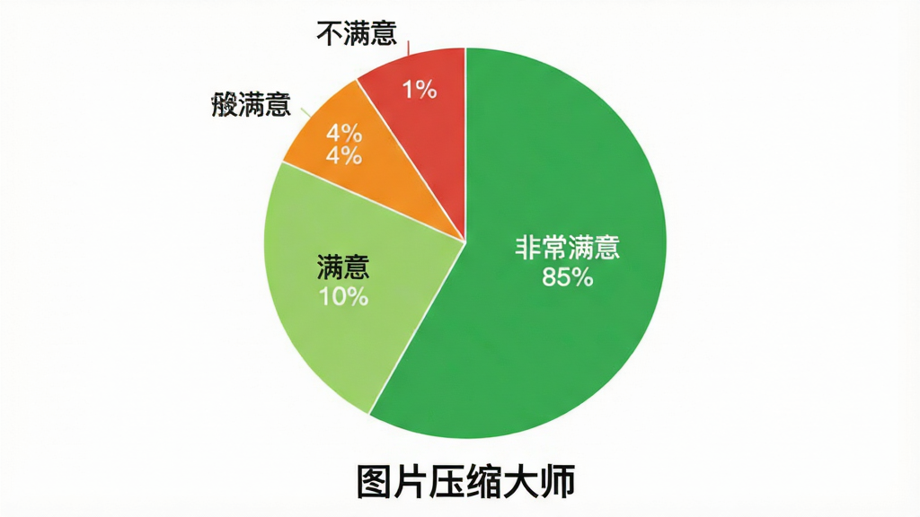 一张展示图片压缩大师用户满意度调查的饼状图,饼状图分为四个扇区,分别标注“非常满意”占85%,“满意”占10%,“一般”占4%,“不满意”占1%,颜色分别为绿色、浅绿色、橙色和红色,图表下方有“图片压缩大师”字样,背景为白色,画质干净无多余元素