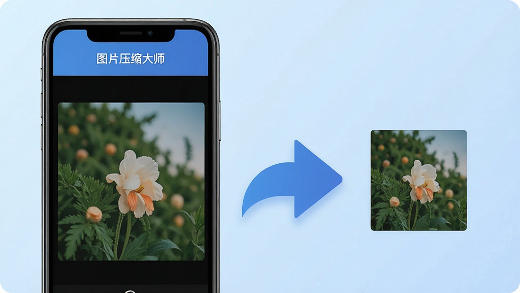 一张介绍图片压缩大师核心功能的宣传图,主体是手机界面展示压缩前后对比,左侧是原始大文件图片,右侧是压缩后的小体积图片,中间有一个醒目的压缩箭头,界面风格简洁现代,背景为浅蓝色渐变,手机屏幕上有“图片压缩大师”字样,画质干净无多余元素