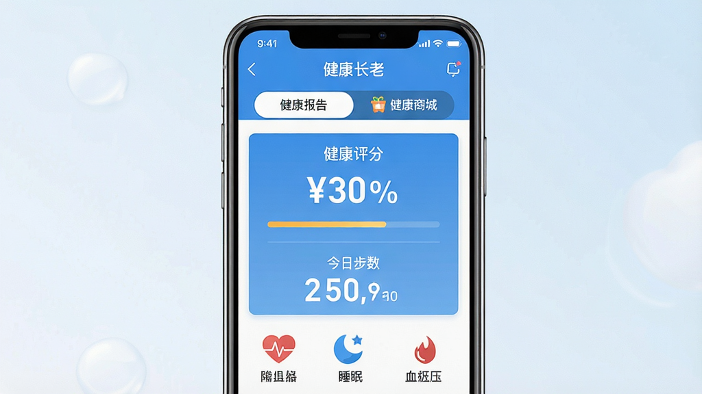 一张手机应用界面的宣传图,主体是“健康长老”APP的主界面,屏幕中央显示“健康评分”和“今日步数”,顶部有“健康报告”和“健康商城”两个标签,整体布局清晰,排版简洁,风格扁平化,色彩以蓝白为主,细节包含心率、睡眠、血压等图标,画质干净,无多余元素。