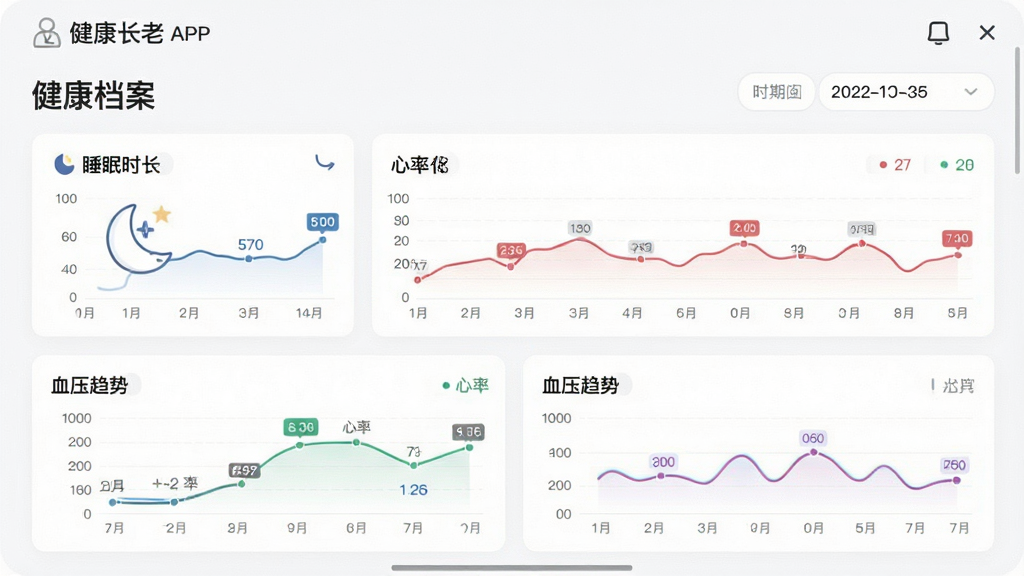 一张健康数据管理界面图,主体是“健康长老”APP的“健康档案”页面,包含睡眠时长、心率变化、血压趋势的折线图,布局为上下排列的卡片式设计,排版整齐,风格现代简约,细节有数据标签和日期选择器,画质干净,无多余元素。