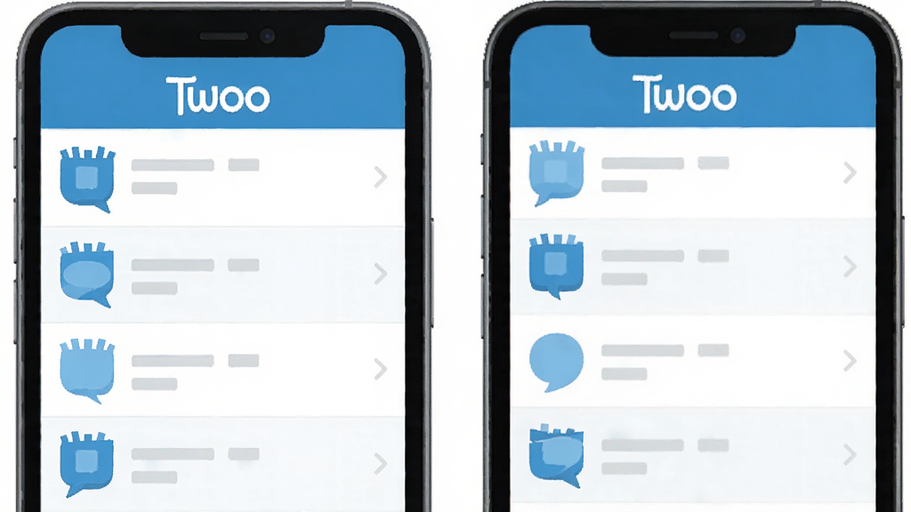Twoo应用主界面展示,手机屏幕中显示简洁的聊天列表,顶部有“Twoo”字样,蓝白配色,扁平化风格,画质干净,无多余元素