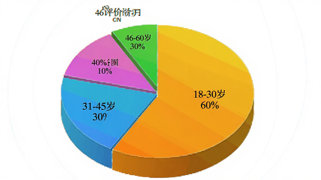 用户评价饼状图,显示18-30岁占60%,31-45岁占30%,46-60岁占10%,色彩明亮,画质干净