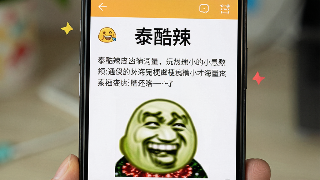 一张展示玩梗小天才海量梗库功能的图片,主体为手机屏幕特写,屏幕内显示一个梗词条的详情页,上方是梗的名称“泰酷辣”,中间有一段通俗易懂的文字解释,下方配有一张搞笑的表情包配图。布局为上下结构,排版简洁,风格幽默活泼,色彩丰富,细节清晰,画质干净无多余元素。