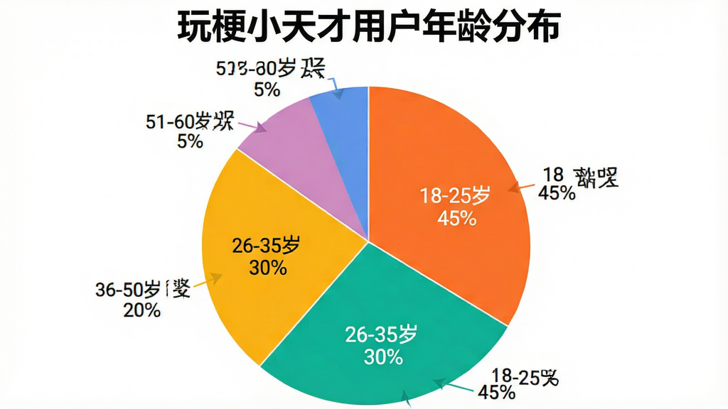 一张用户年龄分布饼状图,标题为“玩梗小天才用户年龄分布”,饼状图分为四段,18-25岁占45%,26-35岁占30%,36-50岁占20%,51-60岁占5%。配色鲜艳,每段旁边标注百分比,风格简洁清晰,画质干净无多余元素。