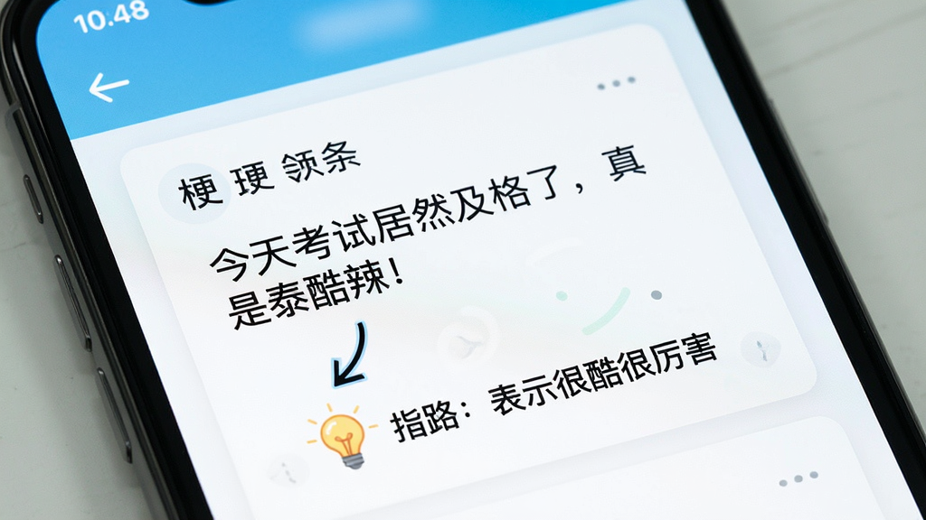 一张展示玩梗小天才智能解释功能的图片,主体为手机界面,界面内显示一个梗词条的卡片,卡片上有一句例句“今天考试居然及格了,真是泰酷辣!”,下方用箭头指向一个灯泡图标,图标旁有“指路:表示很酷很厉害”的文字说明。布局为卡片式,风格简洁明了,色调清新,细节丰富,画质干净无多余元素。