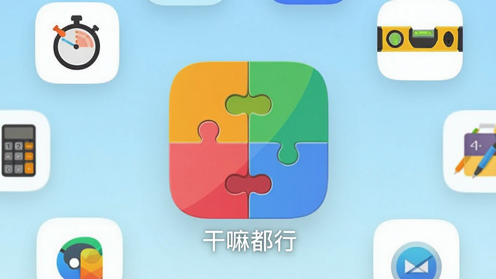 一张手机主屏幕截图,屏幕中央显示一个名为“干嘛都行”的App图标,图标设计为多彩的拼图风格,周围悬浮着计时器、计算器、水平仪等小工具图标,背景是干净的浅蓝色渐变,整体布局简洁清晰,画质干净,无多余元素。