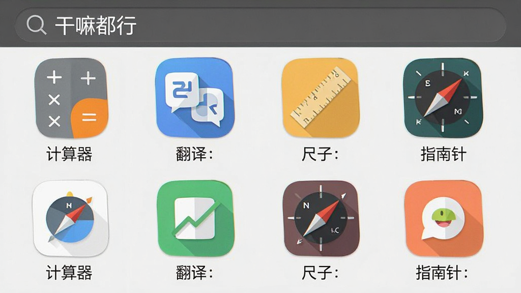 一张手机应用界面截图,顶部搜索栏写着“干嘛都行”,下方以网格布局整齐排列着各种功能图标,包括“计算器”、“翻译”、“尺子”、“指南针”等,每个图标下方都有中文标签,整体风格扁平化,色彩明快,界面干净整洁,无多余元素。