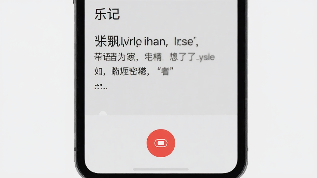 手机屏幕显示“乐记”的语音输入界面,底部有一个红色的录音按钮,上方是实时转写的文字流,界面背景为淡灰色,文字为黑色,风格简洁现代,画质干净,无多余元素