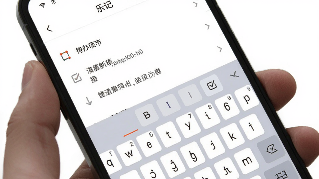 一只手拿着手机,屏幕显示“乐记”的编辑界面,键盘上方有一个简洁的工具栏,只有B、I和复选框图标,页面背景是纯白色,文字内容为几条待办事项列表,排版干净,风格简约,画质清晰,无多余元素
