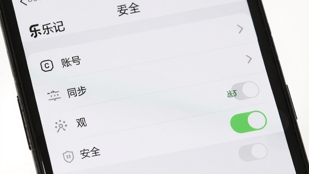 手机屏幕显示“乐记”的设置页面,有账号、同步、外观、安全等选项,其中“手势返回”开关处于打开状态,界面清晰,风格简约,画质干净,无多余元素