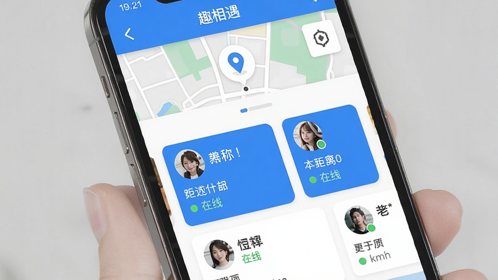 一张手机截图风格的图片,屏幕展示“趣相遇”的附近推荐页面,顶部是地图和定位图标,下方以卡片形式排列多个用户头像和昵称,每个卡片都清晰标注距离和在线状态,界面采用蓝白配色,布局整齐,风格现代,细节清晰,画质干净。