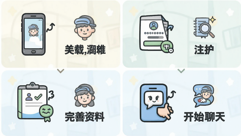 一张简洁的图文教程插画,画面分为四个步骤,第一步是手机下载,第二步是注册,第三步是完善资料,第四步是开始聊天,每步配有小图标,整体设计清晰,风格卡通,画质干净。