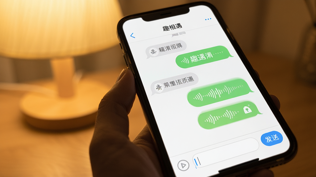 一张手机聊天界面图,背景是柔和的光线,屏幕中显示“趣相遇”的聊天窗口,有文字气泡和语音条,底部是输入框和发送按钮,界面简洁,没有多余广告,风格温馨,细节清晰,画质干净。