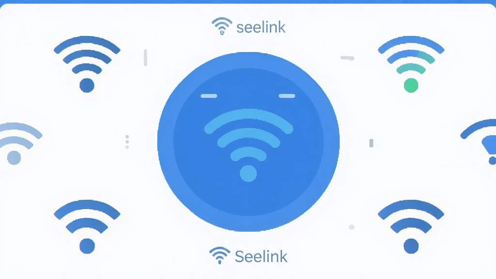SeelinkӦ������ɨ��WiFi�Ľ��棬��Ļ����һ��Բ��ɨ�趯������Χɢ���ż���WiFi�ź�ͼ�꣬����һ����ʾ������״̬��������������������ɫ������ִ���ƽ�����ʸɾ����޶���Ԫ�ء�