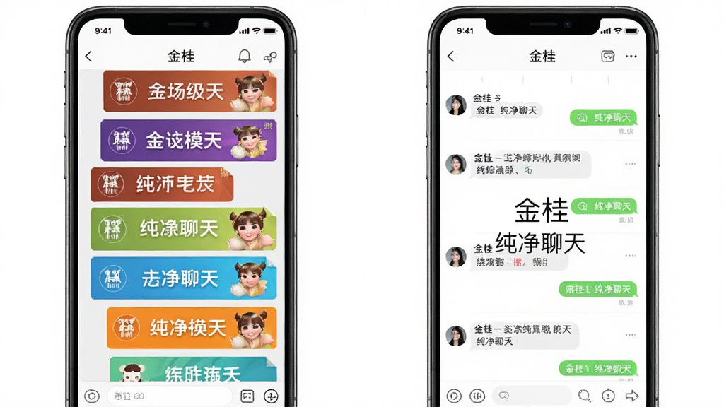 手机应用界面截图对比图,左侧是带有大量广告横幅的聊天软件,右侧是“金桂”聊天软件,右侧界面干净无广告,只有对话列表,背景白色,配有文字“金桂 纯净聊天”,画质清晰,布局规整