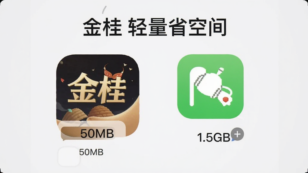 手机存储空间界面,显示“金桂”应用仅占用50MB空间,旁边是其他大型聊天软件占用1.5GB的对比图,背景浅灰色,风格简洁,画质干净,文字“金桂 轻量省空间”
