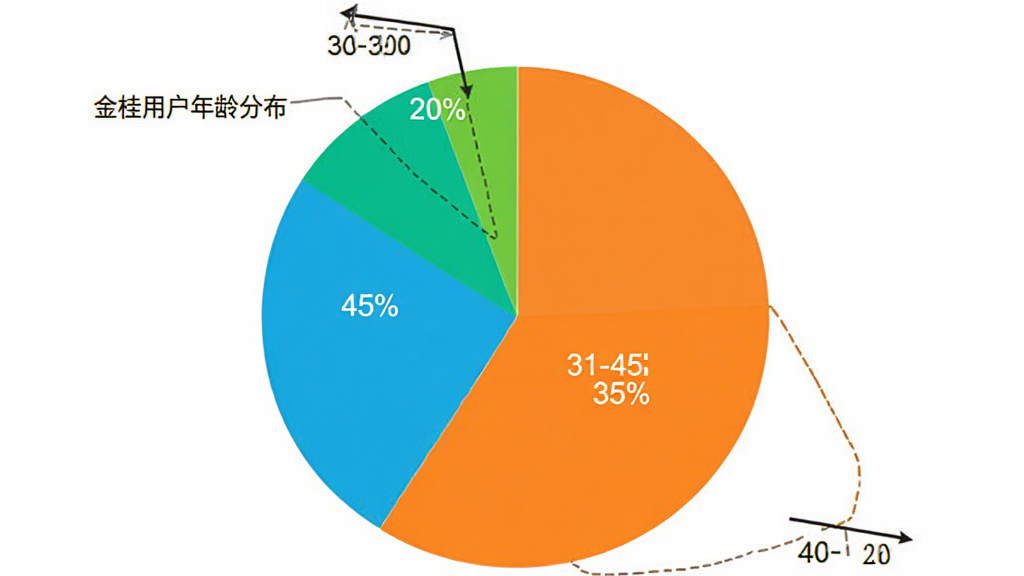 饼状图,展示金桂用户年龄分布,18-30岁占45%,31-45岁占35%,46-60岁占20%,图表简洁清晰,颜色明亮,背景白色,无多余元素