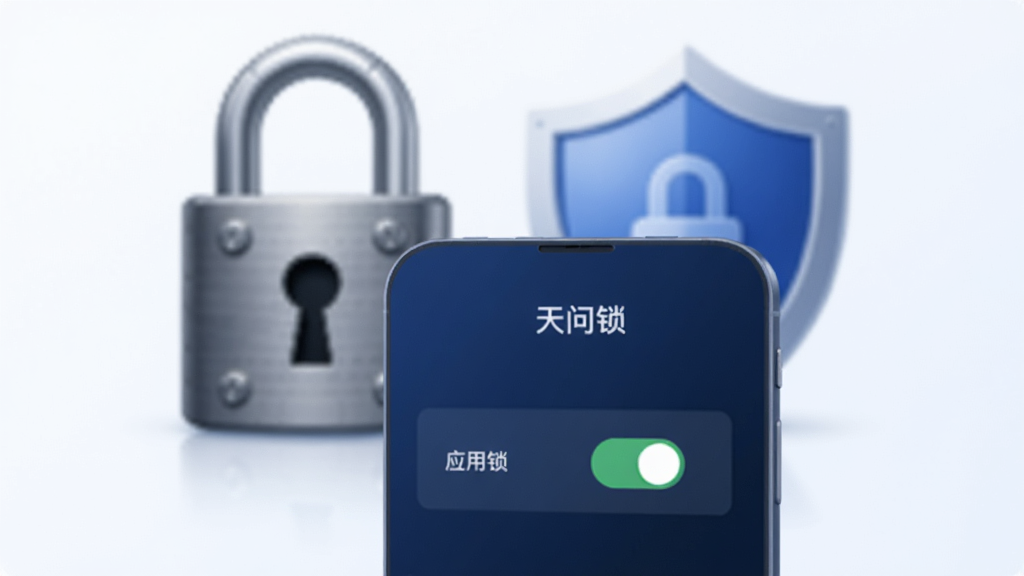 展示天问数作隐私保护功能的界面,背景是一把牢固的锁和盾牌图标,前景是“应用锁”设置开关处于开启状态,界面以深蓝色为主色调,突出安全和私密感,画质干净,无多余元素