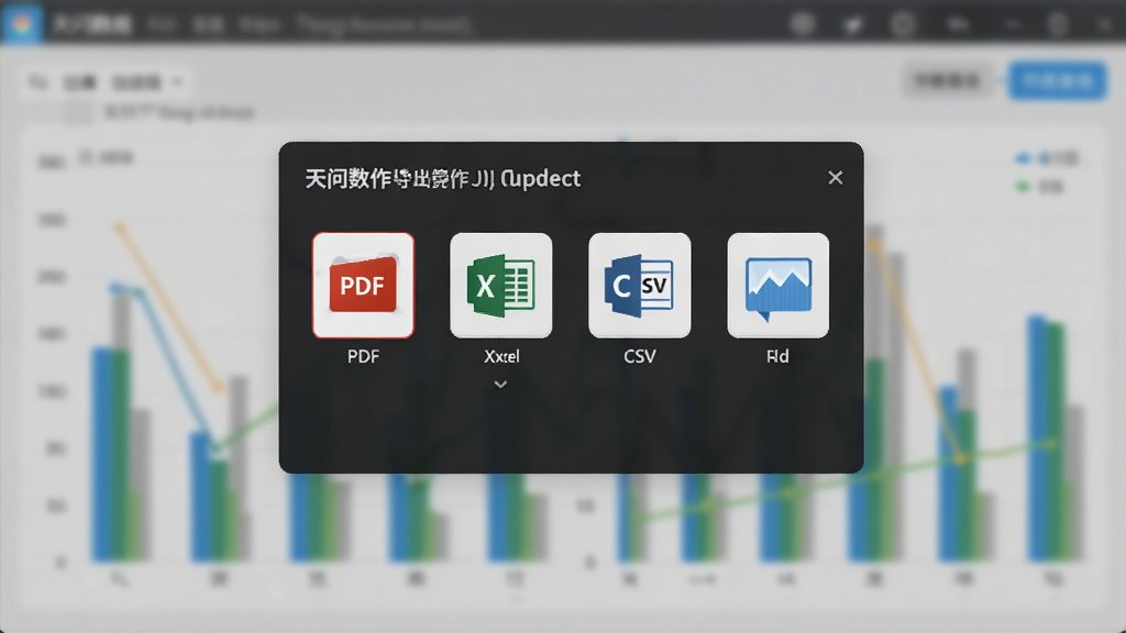 展示天问数作导出功能的操作界面,屏幕上显示一个导出选项菜单,包括PDF、Excel、CSV、图片等格式图标,背景是模糊的处理完成的数据图表,界面简洁明了,图标色彩清晰,突出多种导出选择,画质干净,无多余元素