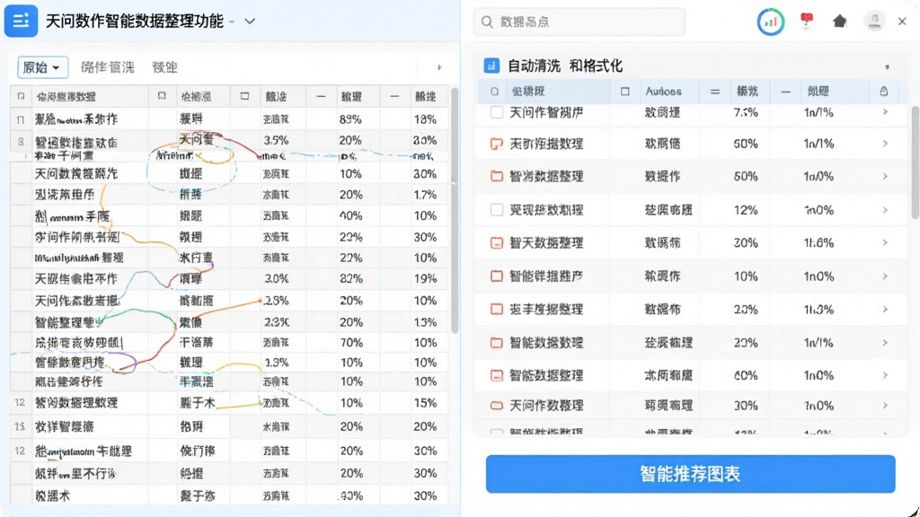 展示天问数作智能数据整理功能的界面,左侧是原始杂乱的数据表格,右侧是经过自动清洗和格式化后的整洁数据列表,底部有一个“智能推荐图表”的按钮,界面简洁,色彩明亮,突出自动化处理的效果,画质清晰,无多余元素