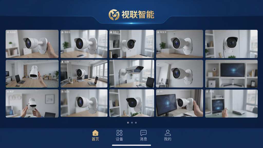 ͼƬ����չʾ���������ܡ�APP�����������棬��������ɫ�Ƽ������⣬������ʾ���������ܡ���ɫLogo���м��Ƕ������ͷʵʱԤ���������񣬵ײ�������������ע����ҳ���豸����Ϣ���ҵġ������岼�ֱ�ƽ����UI����ִ������ʸɾ��޶���Ԫ��