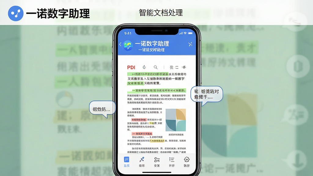 չʾ��һŵ�������������������ͼ����ͼƬ���������ֻ���Ļ����Ļ����ʾ��PDF�ĵ��Ķ����棬�и�����Ǻ���ע���ݡ��������ֻ����У���Ļ���������ɼ����Ű��ϣ���Ļ�Ϸ��С�һŵ������������LOGO�͡������ĵ��������������·��ǹ�����ͼ�ꡣ���Ϊ��ƽ��UI��ƣ�ϸ�ڰ����ļ�ҳ������֡�ͼ�κ�ɫ�ʱ�ע�����ʸ���ɾ����޶���Ԫ�ء�