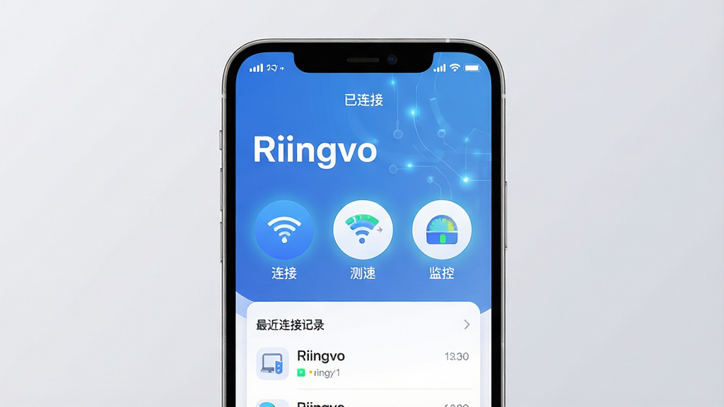 主体:一部智能手机屏幕显示Riingvo应用主界面,界面风格现代简约,色彩以蓝白渐变为主,顶部有信号强度图标和WiFi连接状态。布局:手机位于画面中央,屏幕内容清晰可辨,周围有柔和的浅灰色背景。排版:主界面从上到下依次为状态栏、大字号“Riingvo”标题、三个圆形功能按钮(连接、测速、监控)、底部为最近连接记录列表。风格:扁平化设计,图标线条圆润,整体干净清爽。细节:屏幕中的WiFi图标亮起,信号满格,状态栏显示“已连接”,背景有微弱的科技感光效。画质:超高清渲染,细节丰富,画面干净无多余元素。