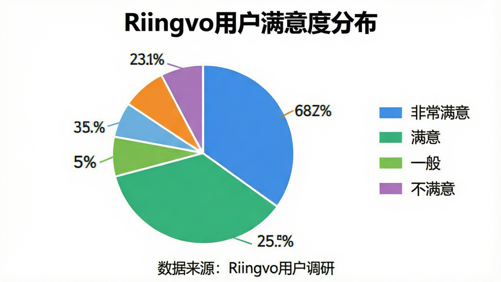 主体:一张用户评价统计饼状图,标题为“Riingvo用户满意度分布”,图例显示“非常满意”占68%,“满意”占25%,“一般”占5%,“不满意”占2%。布局:饼状图居中,旁边有彩色图例,背景为白色。排版:图表清晰,百分比数值显示在扇形区域旁边,标题字体加粗。风格:简洁商务风,颜色鲜明明快。细节:每个扇形区域颜色不同,边缘有白色描边,底部有“数据来源:Riingvo用户调研”字样。画质:高清图表,干净无多余元素。