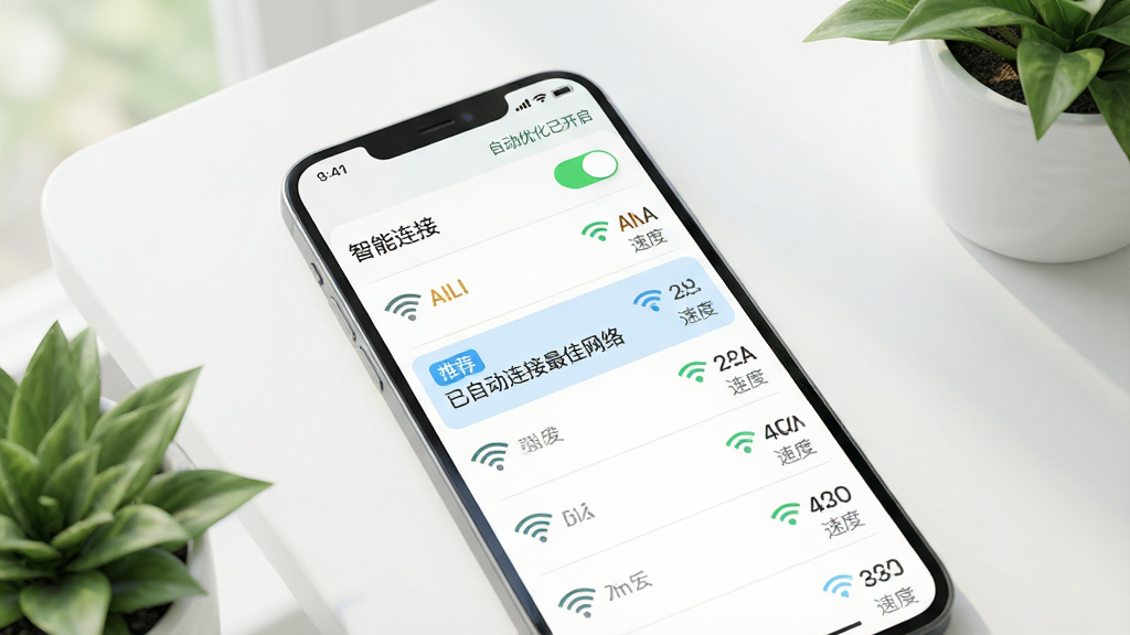 主体:一部手机屏幕显示Riingvo的智能连接功能界面,界面上有多个WiFi信号列表,其中一个被高亮并标注“已自动连接最佳网络”。布局:手机置于简洁桌面上,屏幕内容为主,周围有少量绿植作为点缀。排版:列表顶部有“智能连接”开关,开关处于开启状态,下方是网络列表,每个条目右侧显示信号强度图标和连接速度。风格:清新自然风格,色彩明亮柔和。细节:高亮条目背景为淡蓝色,有“推荐”标签,状态栏显示“自动优化已开启”。画质:高清渲染,画面干净,无多余元素。