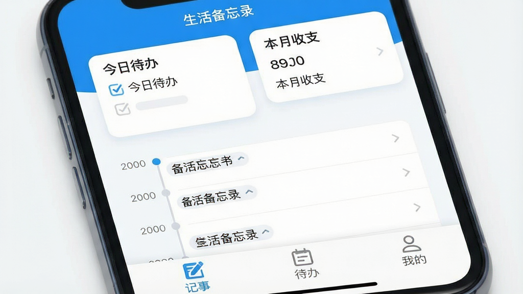 一张智能手机屏幕特写,屏幕中显示“生活备忘录”App的主界面,界面以简洁的蓝白配色为主,顶部有“今日待办”和“本月收支”两个卡片,中间是时间轴布局的备忘录列表,底部有“记事”、“待办”、“我的”三个选项卡,整体风格扁平化,细节圆润,画质干净无多余元素。