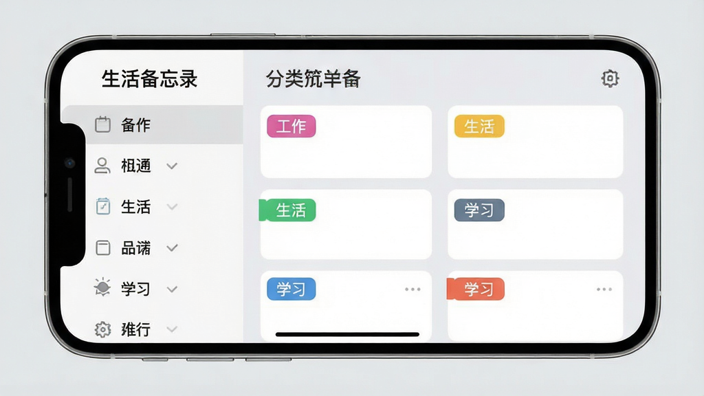 手机横屏展示“生活备忘录”的分类管理界面,左侧是分类列表,右侧是带有彩色标签的备忘录卡片,卡片上写着“工作”、“生活”、“学习”等标签文字,背景为浅灰色,整体排版清晰,风格现代,画质干净无多余元素。