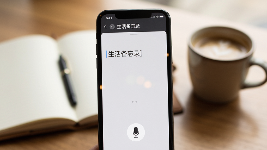 手机屏幕展示“生活备忘录”的语音输入界面,界面下方有麦克风图标,中间是识别出的文字内容,背景是模糊的笔记本和咖啡杯,整体色调温馨,风格自然,画质干净无多余元素。