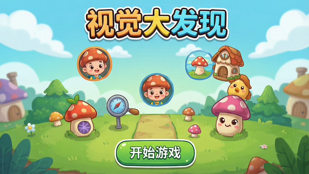游戏主界面展示,中央是色彩斑斓的卡通寻物场景,底部有“开始游戏”按钮,界面简洁明快,风格清新可爱,画质高清干净,无多余元素,突出“视觉大发现”游戏名称。