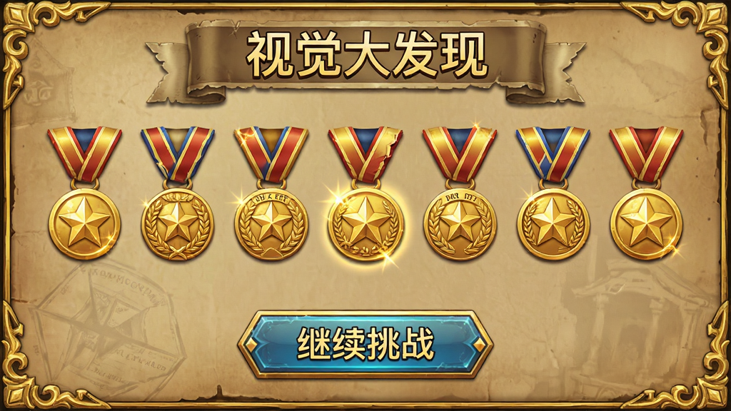 游戏成就界面,展示一排金色勋章,底部有“继续挑战”按钮,界面华丽,风格复古,画质高清,干净无多余元素,包含“视觉大发现”字样。