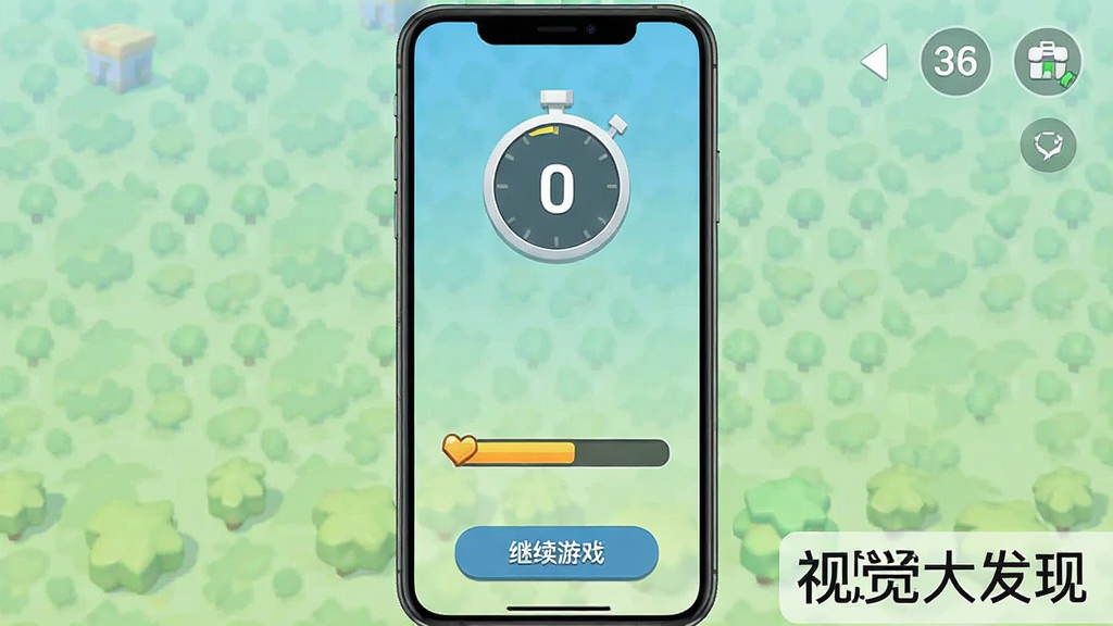 手机竖屏截图,展示游戏内计时器为0,没有体力条,底部有“继续游戏”按钮,界面简洁,风格清新,画质干净,无多余元素,标注“视觉大发现”。