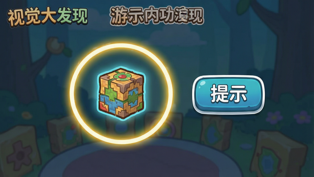 游戏内提示功能演示,一个发光的圆圈圈住目标物品,旁边有“提示”按钮,界面简洁,风格卡通,画质清晰,无多余元素,包含“视觉大发现”标识。